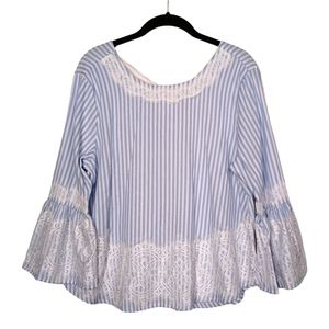 STAR STYLE Light Blue White Stripe Print Lace Bell Flare Sleeve Top Large NWT